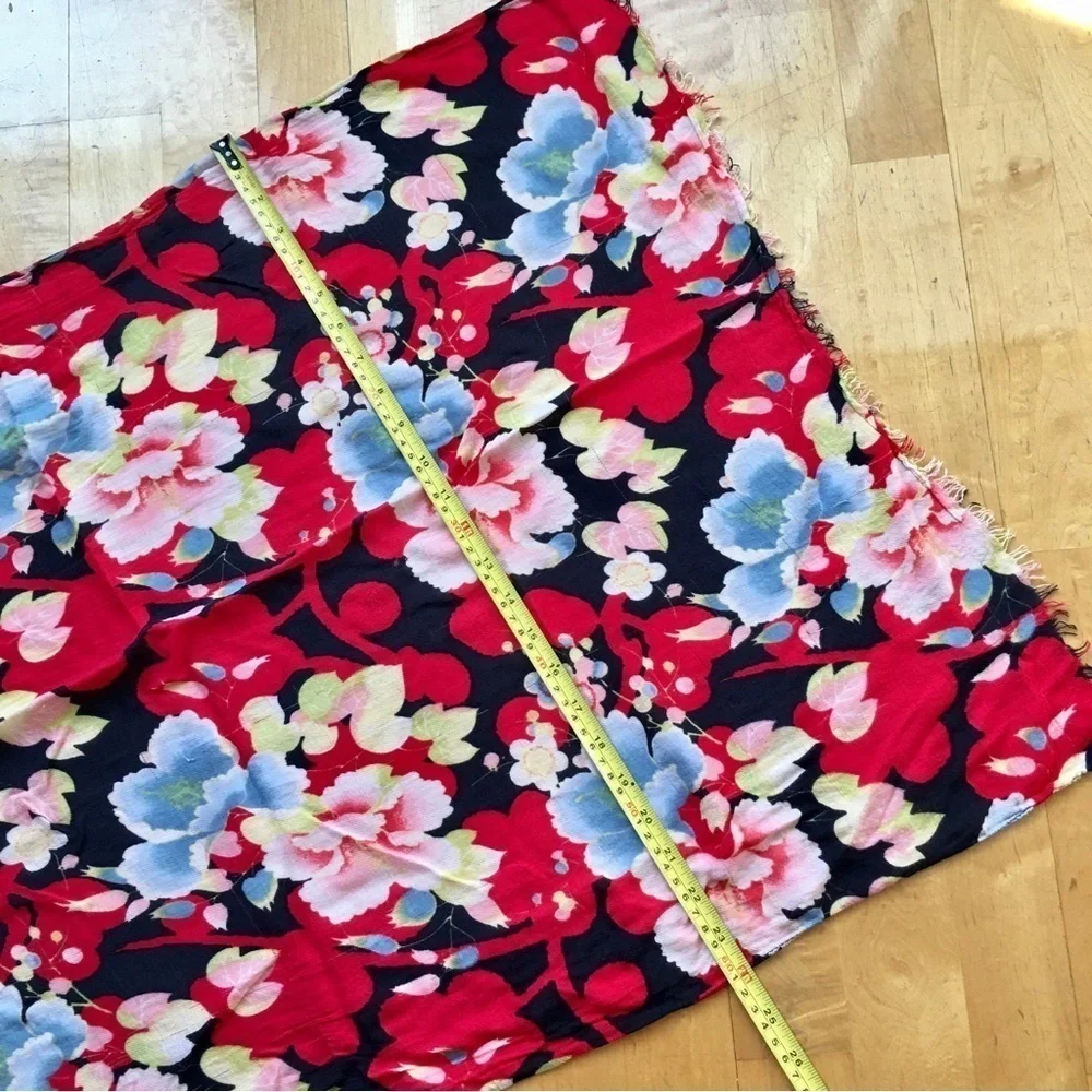 Floral, Lightweight Fringe Scarf, Navy Blue, Light Blue, Red, Pink, Yellow